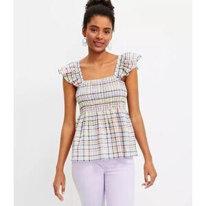 LOFT Multicolor Plaid Ruffle Sleeve Blouse